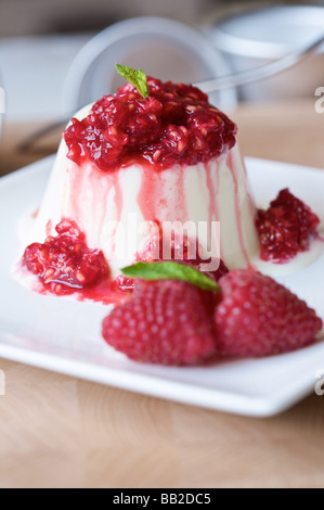 Panna cotta with lemon and buttermilk and fresh raspberries Stock Photo