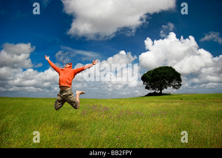Man jumping on a green meadow with a beautiful cloudy sky Stock Photo