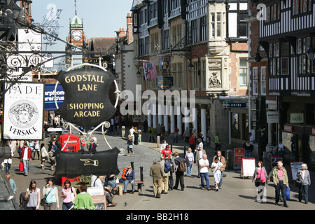 City of Chester, England. A busy shopping day on a sunny day in Chester’s Eastgate Street. Stock Photo