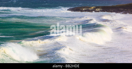 Hebrides Harris Scotland Altlantic coast storm waves stormy sea white horses and spindrift in high winds scotland west coast