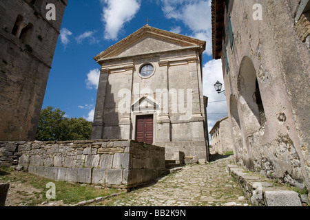 Traveling Croatia; The tiny church in the Istrian village of Hum. Stock Photo