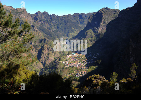 The view down into Nuns Valley (Curral das Freiras) from Eira do Serrado on the island of Madeira. Stock Photo