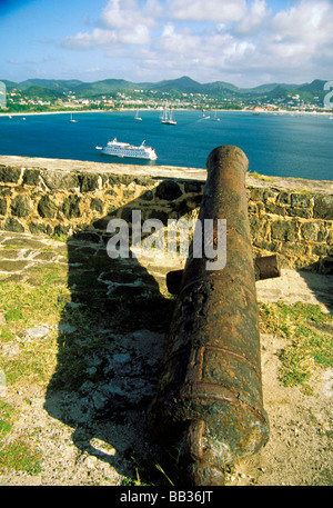 Caribbean, St. Lucia, Soufriere, Rodney Bay. A view from the fort, with a cannon. Stock Photo