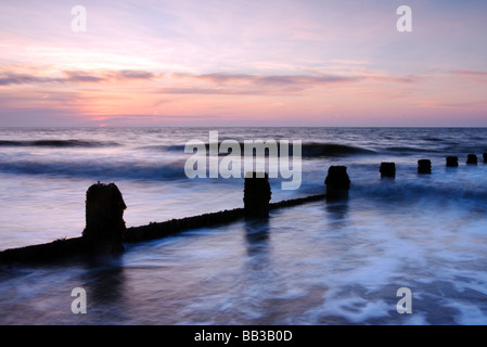 Groynes at dawn at Frinton-On-The-Sea on the Essex Coast Stock Photo