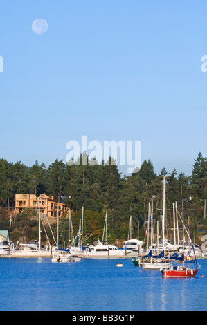 Canada, BC, Gulf Islands, Salt Spring Island, Full Moon Setting Over Ganges Harbor Stock Photo