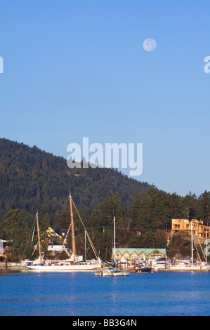 Canada, BC, Gulf Islands, Salt Spring Island, Full Moon Setting Over Ganges Harbor Stock Photo