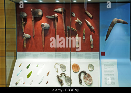 Boomerang and stone age Aboriginal tools and hand axes in Melbourne Museum Australia Stock Photo