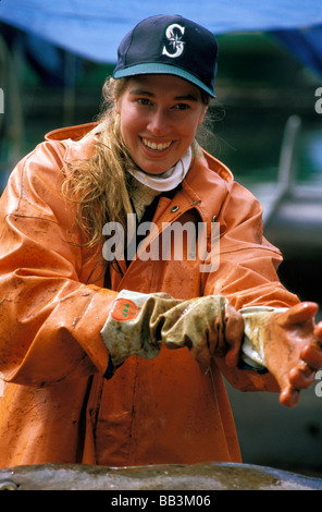 North America, USA, Alaska, Kodiak. Crew member of the Mar del Norte working during Halibut season (MR) Stock Photo