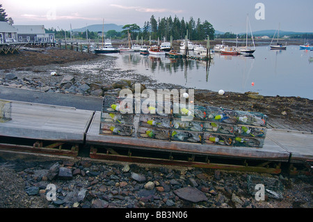 North America, USA, Maine, Tremont.  Lobster traps on the docks at Tremont Wharf at low tide Stock Photo