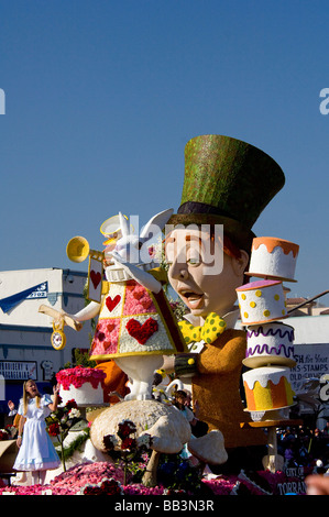 California, Pasadena. 2009 Tournament of Roses, Rose Parade. City of Torrance Mad Hatter's Tea Party float. Stock Photo
