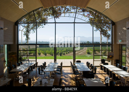 Cellar door and restaurant of a winery looking out over the vineyard.  Yarra Valley, VIC, Australia. Stock Photo