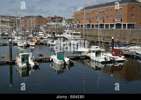 Town of Milford Haven, Wales. Leisure craft berthed at the Milford Haven Port Authority Nelson Quay Marina. Stock Photo