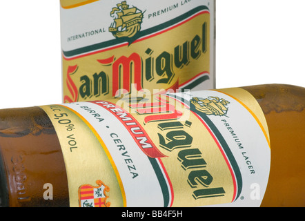 2 Two Bottles of San Miguel Spanish Beer labels Stock Photo