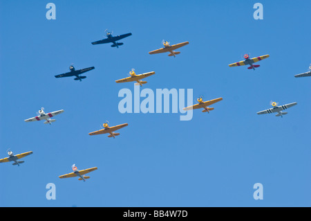 Armada of North American T-6 Texans in War Birds Formation fly over, EAA Air Show, Oshkosh 2006 Stock Photo