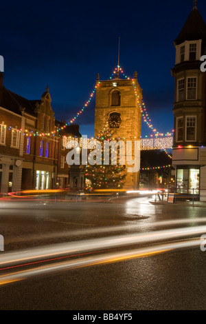 Old town decorated at Christmas, night; Morpeth, Northumberland, England Stock Photo