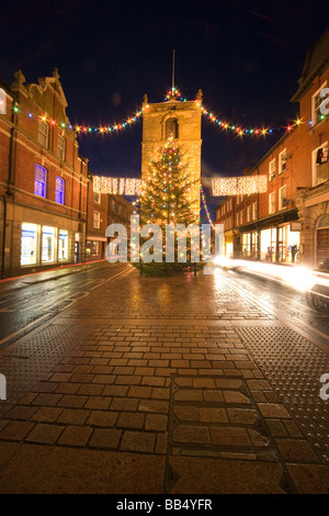 Old town at Christmas, night; Morpeth, Northumberland, England Stock Photo