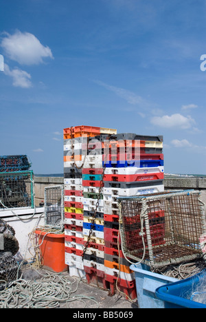 Fishing gear and crates, Newquay Harbour Cornwall UK. Stock Photo