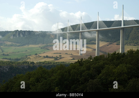 The Millau Viaduct crossing the valley of the river Tarn near Millau in southern France.  Viewed from the north. Stock Photo