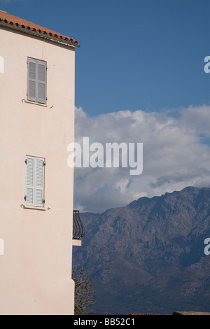 View of the Calanches and mountains from the Hotel Les Roches Rouges in Piana Corsica Stock Photo