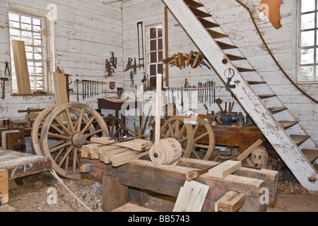 The wheelwright's workshop at Colonial Williamsburg is housed on the grounds of the Governor's Palace. Stock Photo