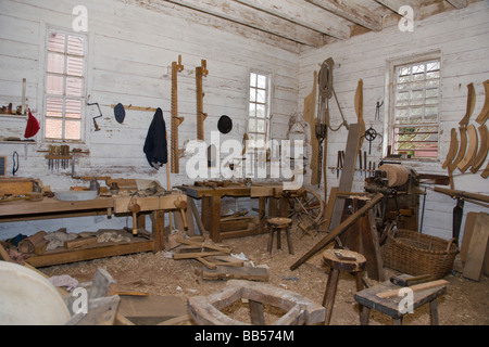 The wheelwright's workshop at Colonial Williamsburg is housed on the grounds of the Governor's Palace. Stock Photo