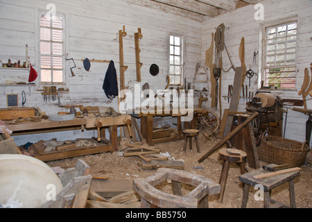 The wheelwright's workshop at Colonial Williamsburg is housed on the grounds of the Governor's Palace. Stock Photo