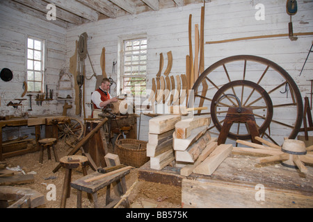 The wheelwright's workshop at Colonial Williamsburg is housed on the grounds of the Governor's Palace. Stock Photo