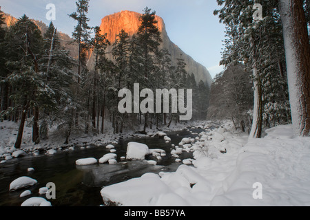 El Capitan and the Merced River during winter in Yosemite National Park.