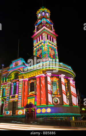 Auckland Town Hall illuminated by Mike Mizrahi for Telecom NZ to promote their new mobile network Stock Photo