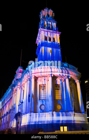 Auckland Town Hall illuminated by Mike Mizrahi for Telecom NZ to promote their new mobile network Stock Photo