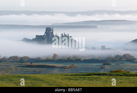 Corfe Castle shrouded in mist at Dawn in April, taken from high in the Purbeck Hills Stock Photo