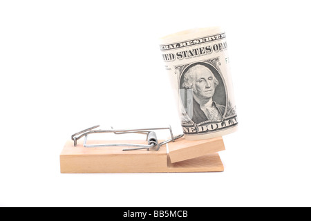 American dollar bill on mouse trap isolated over white background Stock Photo