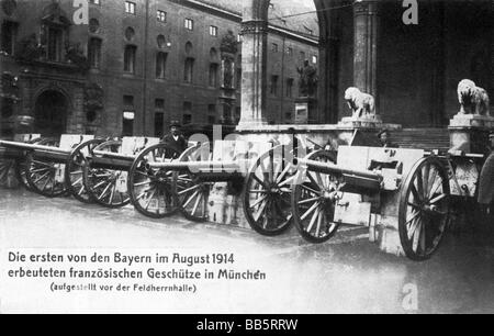 events, First World War / WWI, Germany, the first French guns captured by the Bavarians, Munich, 1914, Stock Photo