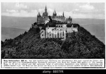 architecture, castles, Germany, Baden-Wuerttemberg, Hohenzollern Castle, view, Kosmos postcard, Franckh publisher, Stuttgart, circa 1930s, , Stock Photo