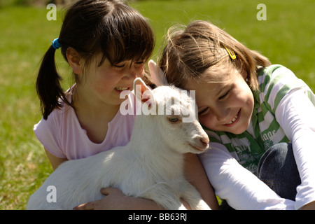 Girls hugging goats in grass Stock Photo