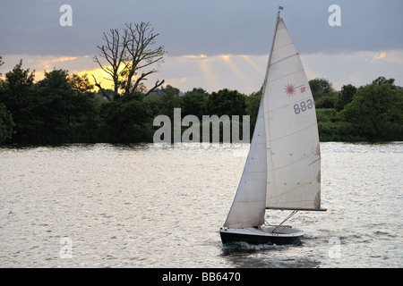 Laser 16 class dinghy tacking on the River Thames at dusk Stock Photo