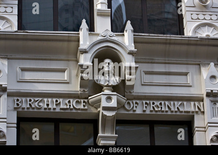 Facade of a building on Milk Street in Boston Massachusetts marking the birthplace of Benjamin Franklin. Stock Photo