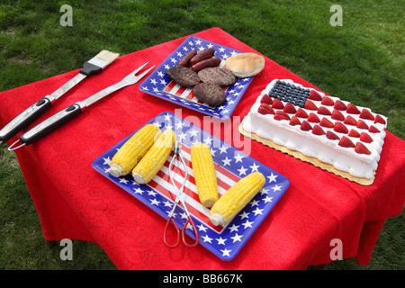 Table of food prepared for 4th of July barbecue Stock Photo