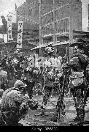 geography / travel, China, politics, Boxer Rebellion, Beijing, German soldiers searching houses for armed Boxers, drawing, Germany, 1901, Stock Photo