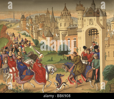 Isabeau of Bavaria, 1371 - 29.9.1435, Queen Consort of France since 1385, arrival in Paris, 20.6.1389, chromolithograph, after miniature from the 'Chroniques' by Jean Froissart, 1523, Bibliotheque Nationale, Paris,