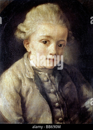 Mozart, Wolfgang Amadeus, 27.1.1756 - 5.12.1791, Austrian composer, portrait (unauthenticated), painting, attributed to Jean Baptiste Greuze (1725 - 1805), 1763 - 1764, Stock Photo