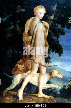 Diana, Roman goddess of the hunt, painting, Fontainebleau School, 16th century, 97 cm x 150 cm, Paris, Louvre, full length, Artist's Copyright has not to be cleared Stock Photo