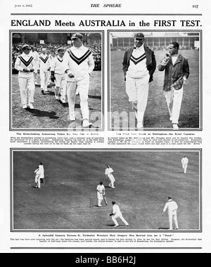 First Test 1921 magazine spread of the Ashes game at Trent Bridge won by the rampant Australian tourists Stock Photo