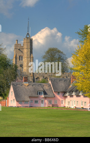 Great Britain England Suffolk Cavendish Hyde Park Corner Pink Thatched Cottages Church of St Mary Village Green Springtime Stock Photo