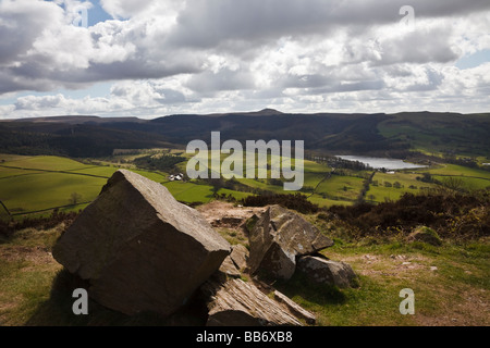 View towards Ridgegate Reservoir, Macclesfield Forest and Shutlingsloe Hill from Tegg's Nose Country Park, Cheshire. Stock Photo