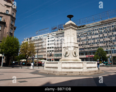 Belgrade, Terazije Fountain at Terazije in front of the Moskva Hotel made of stone with a metal vase on its top raised in 1860 Stock Photo