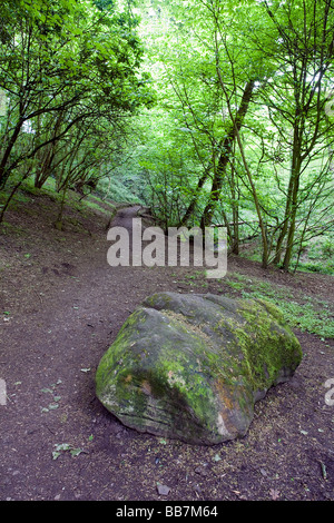 A large boulder marks the beginning of a country walk through the forest at 'The Dingle' near to Warrington Stock Photo