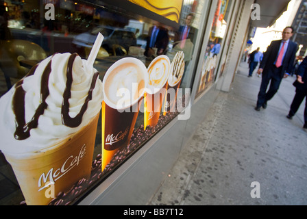 A McDonald's restaurant in New York displays signage promoting their ...