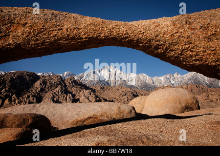 Mount Whitney seen through natural rock arch near Lone Pine in California USA