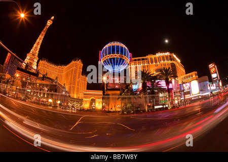 Car light trails and casino illuminations in Las Vegas in Nevada USA Stock Photo